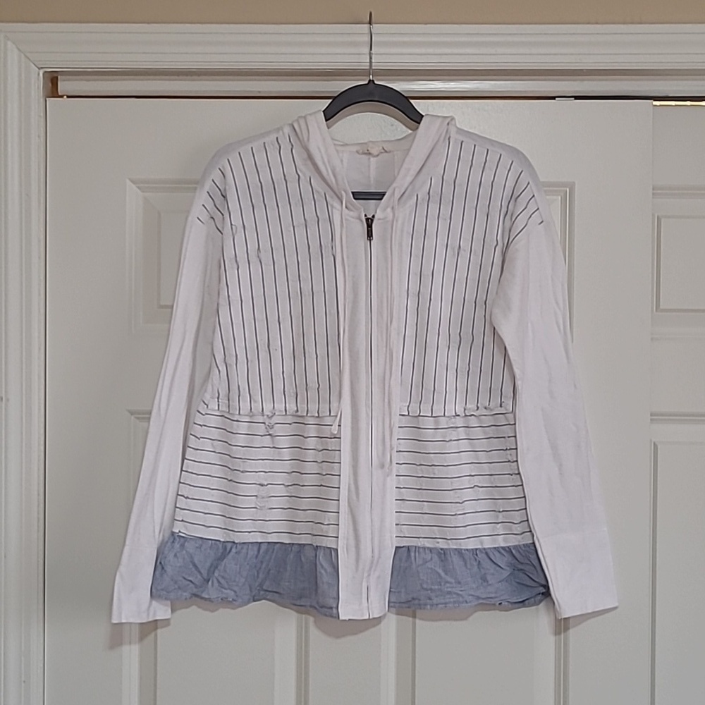 Hem & Thread White and Blue Distressed Full-Zip Hooded Sweatshirt - Size S
